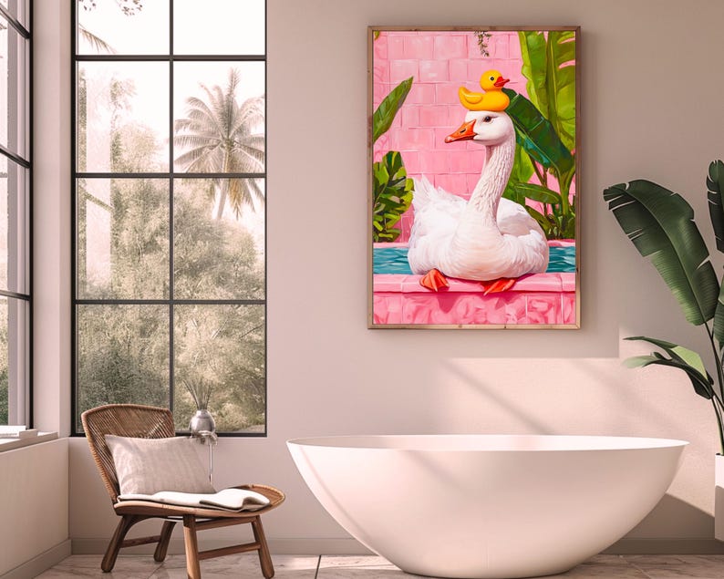 Goose in Bath | Rubber Duck Print, Pink Bathroom Wall Art, Maximalist ...