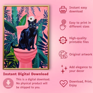Black Cat on Toilet | Funny Bathroom Art, Pink Maximalist Wall Art ...