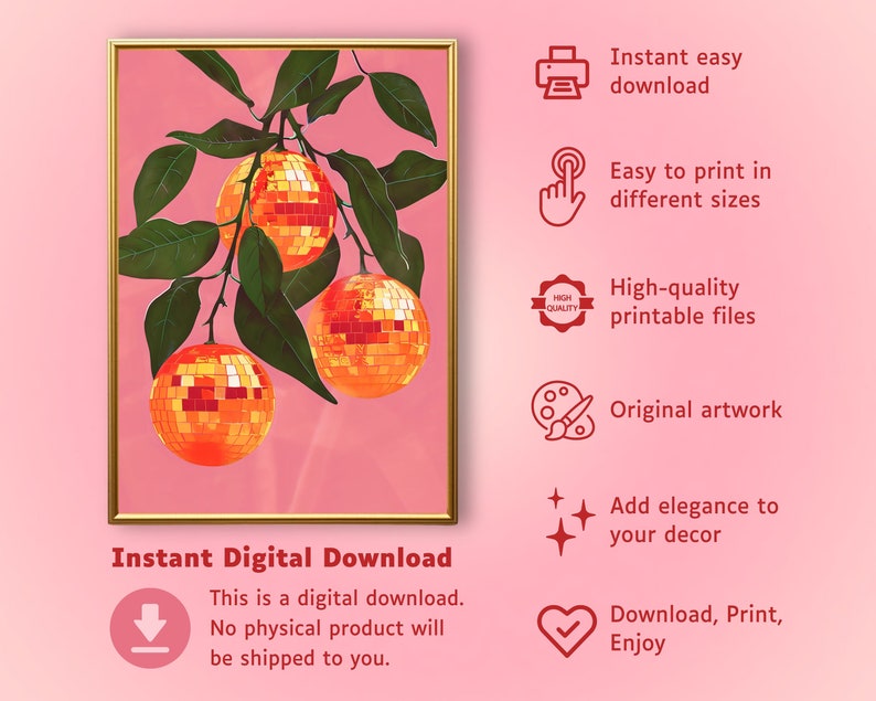 orange disco ball,funky wall art,disco ball wall art,orange decor,pink orange wall art,retro poster prints,orange disco print,preppy disco decor,retro kitchen decor,mirror ball print,bar cart prints,disco fruit print,groovy wall art,trendy dorm decor