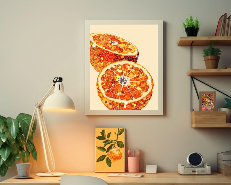 orange disco ball,funky wall art,disco ball wall art,orange decor,orange wall art,retro poster prints,orange disco print,preppy disco decor,retro kitchen decor,mirror ball art,bar cart prints,sparkle disco fruit print,glam wall art,trendy dorm decor