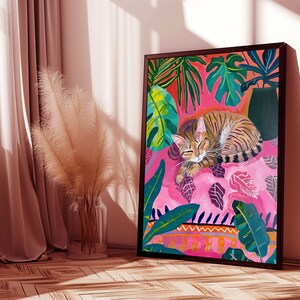 eclectic animal prints,cat art print,maximalist wall art,eclectic home decor,pink preppy room decor,pink bedroom decor,dopamine decor,cat wall art,cute sleeping cat print,pink cat poster,fun bedroom wall art,colorful wall art, tropical wall art