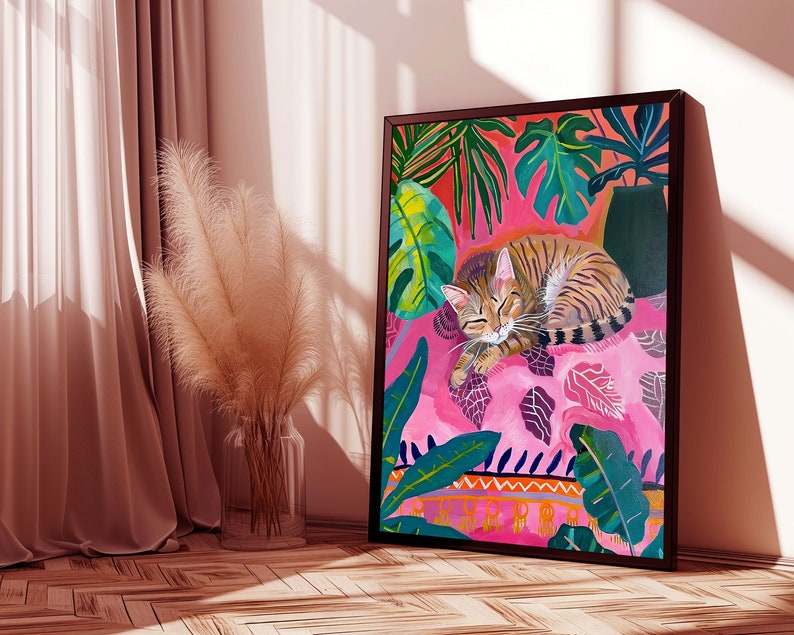 eclectic animal prints,cat art print,maximalist wall art,eclectic home decor,pink preppy room decor,pink bedroom decor,dopamine decor,cat wall art,cute sleeping cat print,pink cat poster,fun bedroom wall art,colorful wall art, tropical wall art