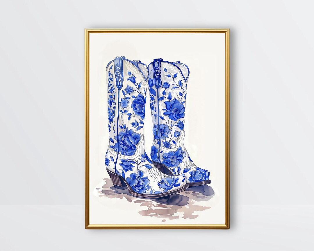 Blue Cowboy Boots | Cowgirl Print, Floral Chinoiserie Wall Art ...