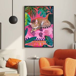 eclectic animal prints,cat art print,maximalist wall art,eclectic home decor,pink preppy room decor,pink bedroom decor,dopamine decor,cat wall art,cute sleeping cat print,pink cat poster,fun bedroom wall art,colorful wall art, tropical wall art