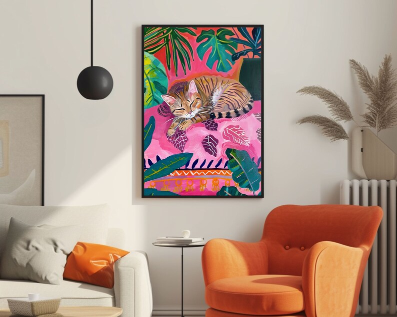 eclectic animal prints,cat art print,maximalist wall art,eclectic home decor,pink preppy room decor,pink bedroom decor,dopamine decor,cat wall art,cute sleeping cat print,pink cat poster,fun bedroom wall art,colorful wall art, tropical wall art