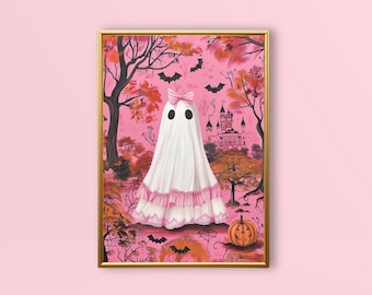 Coquette Ghost | Pink Halloween Wall Art, Pink Bow Ghost Print, Cute Spooky Coquette Room Decor, Trendy Dorm Prints Vintage Preppy Printable
