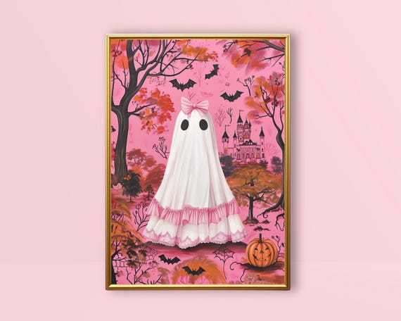 Coquette Ghost | Pink Halloween Wall Art, Pink Bow Ghost Print, Cute Spooky Coquette Room Decor, Trendy Dorm Prints Vintage Preppy Printable