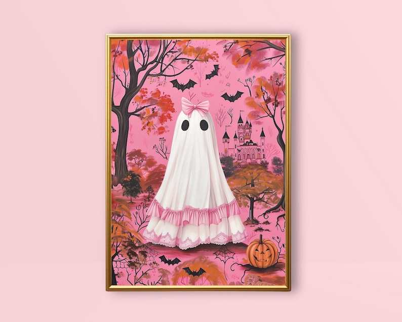 pink halloween decor,pink coquette prints,coquette halloween,pinkoween decor,halloween dorm decor,cute ghost painting,pink spooky decor,pink ghost wall art,coquette ghost art,coquette ghost bow print,pink preppy halloween art,preppy ghost print