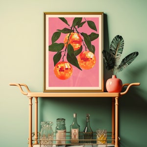 orange disco ball,funky wall art,disco ball wall art,orange decor,pink orange wall art,retro poster prints,orange disco print,preppy disco decor,retro kitchen decor,mirror ball print,bar cart prints,disco fruit print,groovy wall art,trendy dorm decor