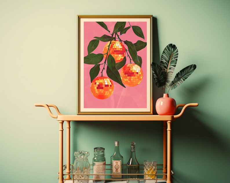 orange disco ball,funky wall art,disco ball wall art,orange decor,pink orange wall art,retro poster prints,orange disco print,preppy disco decor,retro kitchen decor,mirror ball print,bar cart prints,disco fruit print,groovy wall art,trendy dorm decor