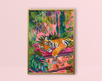 May include: A colorful illustration of a tiger lying on a patterned rug surrounded by lush green foliage. The tiger is orange and black with white stripes. The rug is pink, red, and blue with intricate floral designs. The foliage is a mix of green and blue.