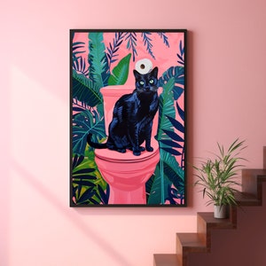 Black Cat on Toilet | Funny Bathroom Art, Pink Maximalist Wall Art ...