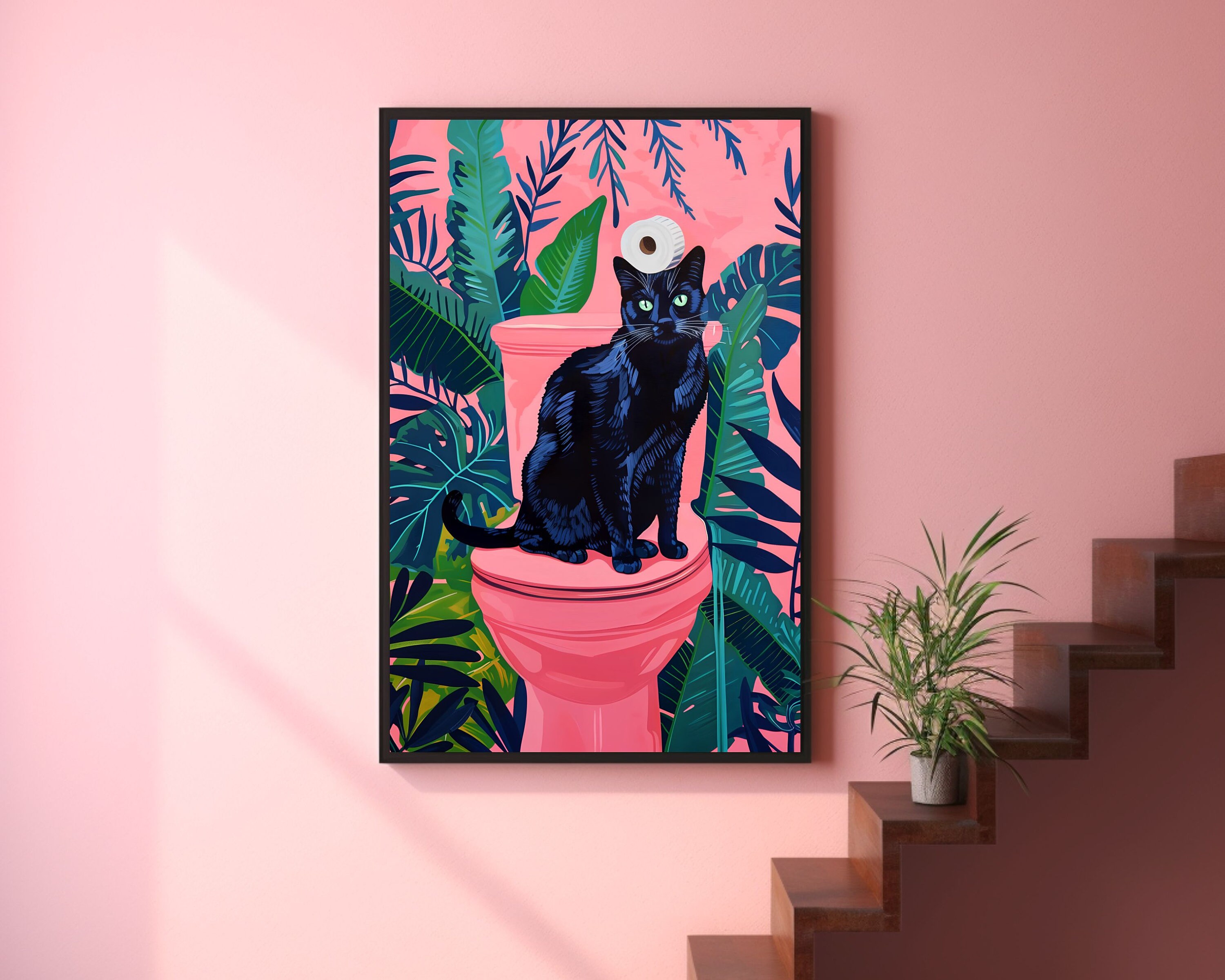 Black Cat on Toilet | Funny Bathroom Art, Pink Maximalist Wall Art ...
