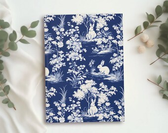 Rabbits in Woodland Journal | Blue Toile Notebook Vintage French Toile De Jouy Flowers Bunny Notebook Cute Floral Gifts Hardcover Blank Book