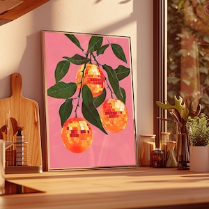 orange disco ball,funky wall art,disco ball wall art,orange decor,pink orange wall art,retro poster prints,orange disco print,preppy disco decor,retro kitchen decor,mirror ball print,bar cart prints,disco fruit print,groovy wall art,trendy dorm decor