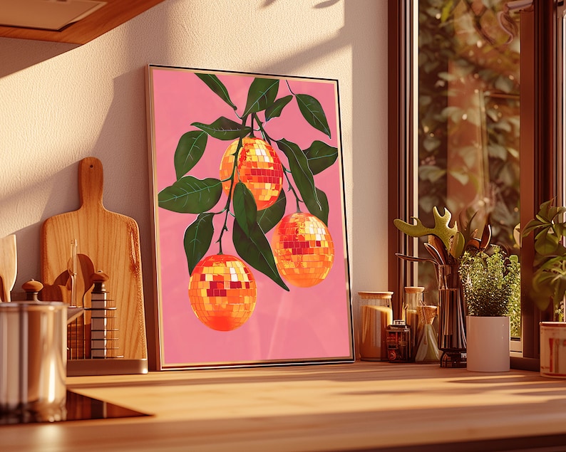 orange disco ball,funky wall art,disco ball wall art,orange decor,pink orange wall art,retro poster prints,orange disco print,preppy disco decor,retro kitchen decor,mirror ball print,bar cart prints,disco fruit print,groovy wall art,trendy dorm decor