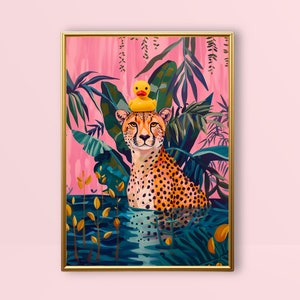 Cheetah in Bath | Rubber Duck Orange Pink Bathroom Print, Maximalist Wall Art Funny Animal Bathtub Dopamine Decor Colourful Leopard Painting