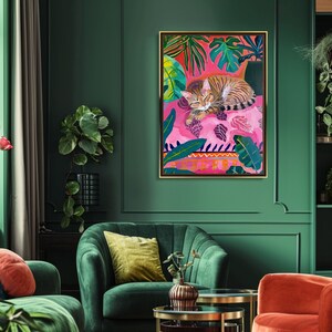 eclectic animal prints,cat art print,maximalist wall art,eclectic home decor,pink preppy room decor,pink bedroom decor,dopamine decor,cat wall art,cute sleeping cat print,pink cat poster,fun bedroom wall art,colorful wall art, tropical wall art