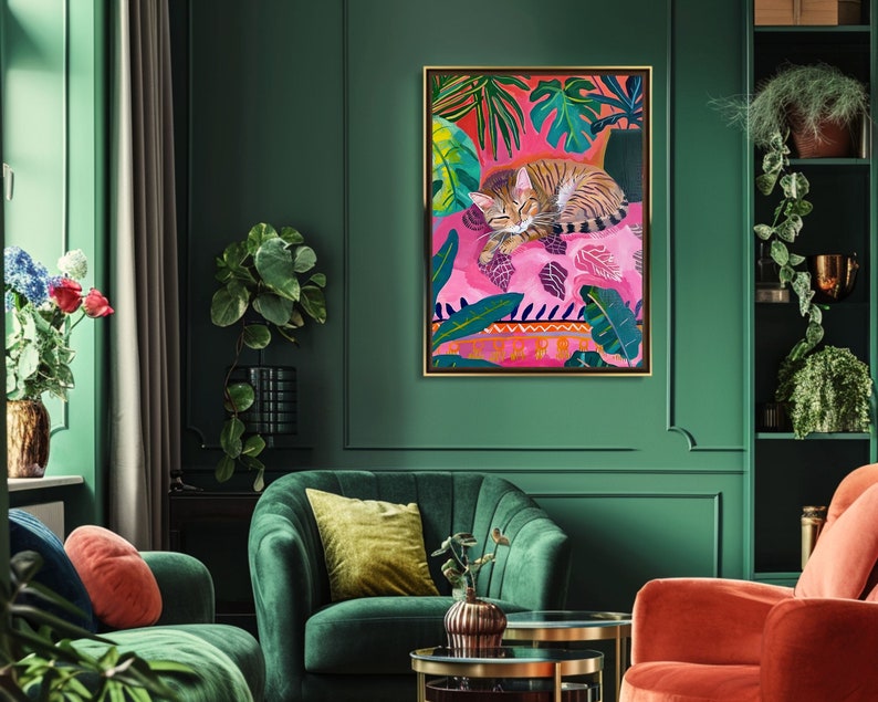 eclectic animal prints,cat art print,maximalist wall art,eclectic home decor,pink preppy room decor,pink bedroom decor,dopamine decor,cat wall art,cute sleeping cat print,pink cat poster,fun bedroom wall art,colorful wall art, tropical wall art