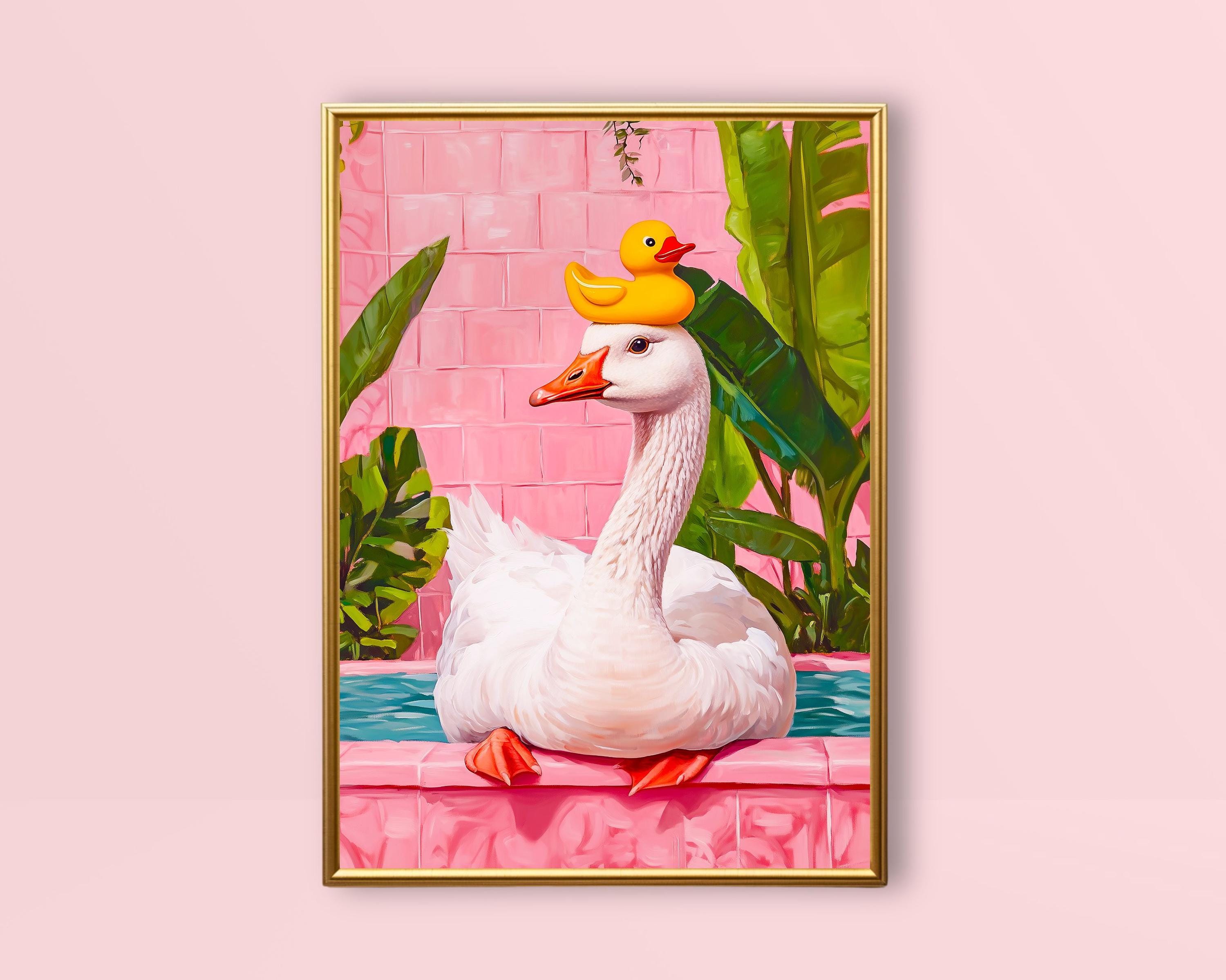 Goose in Bath | Rubber Duck Print, Pink Bathroom Wall Art, Maximalist ...