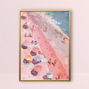 Pink Beach | Beachy Wall Art, Trendy Coastal Prints, Beach House Print, Retro Umbrella Painting, Preppy Girly Apartment Decor, Seaside Art