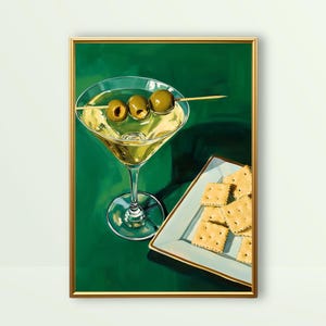 Martini and Crackers | Cocktail Bar Cart Art, Kitchen Wall Decor, Green Whimsical Print, Quirky Food Painting, Trendy Drink Printable Poster