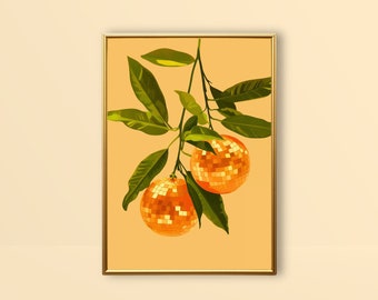 Könnte beinhalten: Eine gerahmte Illustration eines belaubten Zweigs mit zwei orangenen Früchten, die Discokugeln ähneln. Der Hintergrund ist hellorange.