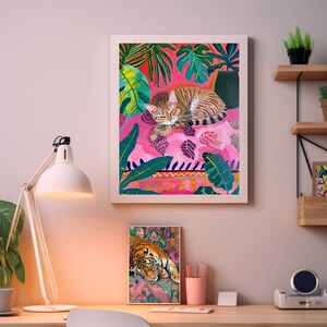 eclectic animal prints,cat art print,maximalist wall art,eclectic home decor,pink preppy room decor,pink bedroom decor,dopamine decor,cat wall art,cute sleeping cat print,pink cat poster,fun bedroom wall art,colorful wall art, tropical wall art