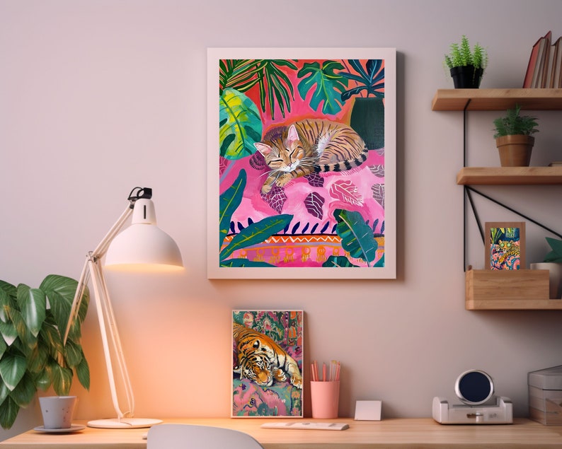eclectic animal prints,cat art print,maximalist wall art,eclectic home decor,pink preppy room decor,pink bedroom decor,dopamine decor,cat wall art,cute sleeping cat print,pink cat poster,fun bedroom wall art,colorful wall art, tropical wall art