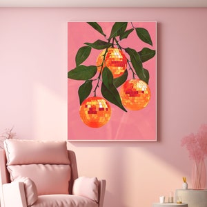orange disco ball,funky wall art,disco ball wall art,orange decor,pink orange wall art,retro poster prints,orange disco print,preppy disco decor,retro kitchen decor,mirror ball print,bar cart prints,disco fruit print,groovy wall art,trendy dorm decor