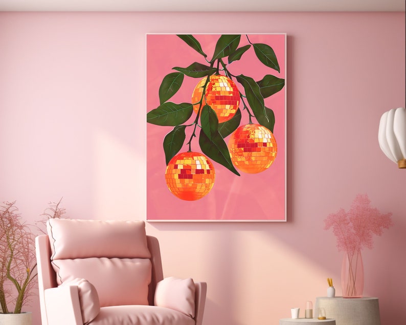 orange disco ball,funky wall art,disco ball wall art,orange decor,pink orange wall art,retro poster prints,orange disco print,preppy disco decor,retro kitchen decor,mirror ball print,bar cart prints,disco fruit print,groovy wall art,trendy dorm decor