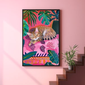 eclectic animal prints,cat art print,maximalist wall art,eclectic home decor,pink preppy room decor,pink bedroom decor,dopamine decor,cat wall art,cute sleeping cat print,pink cat poster,fun bedroom wall art,colorful wall art, tropical wall art