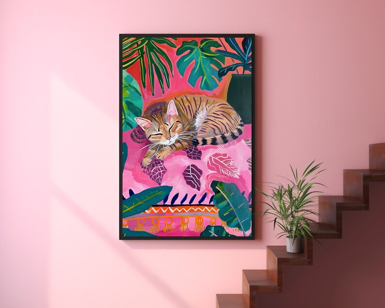 eclectic animal prints,cat art print,maximalist wall art,eclectic home decor,pink preppy room decor,pink bedroom decor,dopamine decor,cat wall art,cute sleeping cat print,pink cat poster,fun bedroom wall art,colorful wall art, tropical wall art
