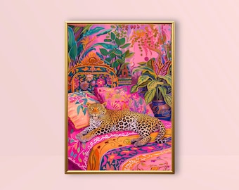 Leopard Sleeping in Bed | Sleepy Leopard Print, Maximalist Funny Animal Wall Art Vibrant Bedroom Decor, Pink Cheetah Painting Dopamine Decor