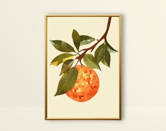 Orange Disco Ball | Funky Wall Art, Kitchen Disco Print Preppy Fruit Mirror Ball Poster Green Trendy Room Decor Retro Groovy Bar Cart Prints