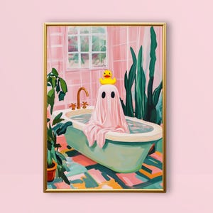 May include: A pink ghost wearing a yellow rubber ducky sits in a green bathtub with a pink interior. The bathtub is in a pink bathroom with a window and green plants.
