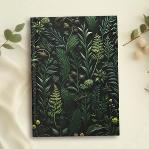 Dark Green Woodland Journal |  Cottagecore Leaf Fern Forest Notebook, Green Academia Pretty Floral Gifts, Hardcover Blank Lined Writing Book