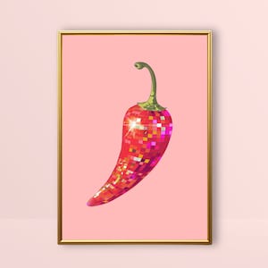 Chilli Disco Ball | Trendy Kitchen Decor, Retro Food Wall Art, Chili Pepper Poster, Red Pink Preppy Prints, Funky Home Decor, Bar Cart Print