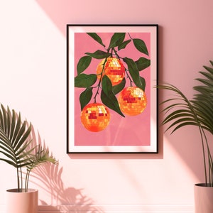 orange disco ball,funky wall art,disco ball wall art,orange decor,pink orange wall art,retro poster prints,orange disco print,preppy disco decor,retro kitchen decor,mirror ball print,bar cart prints,disco fruit print,groovy wall art,trendy dorm decor
