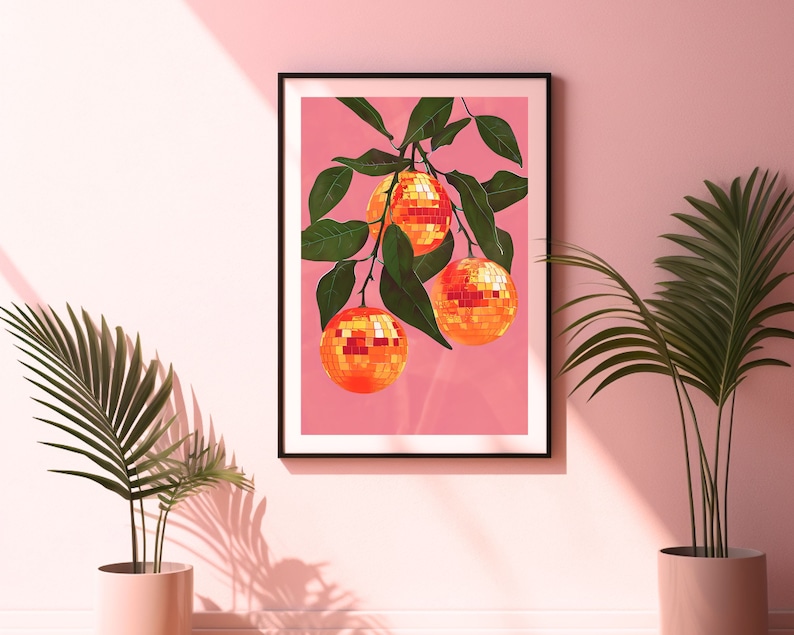 orange disco ball,funky wall art,disco ball wall art,orange decor,pink orange wall art,retro poster prints,orange disco print,preppy disco decor,retro kitchen decor,mirror ball print,bar cart prints,disco fruit print,groovy wall art,trendy dorm decor