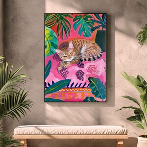eclectic animal prints,cat art print,maximalist wall art,eclectic home decor,pink preppy room decor,pink bedroom decor,dopamine decor,cat wall art,cute sleeping cat print,pink cat poster,fun bedroom wall art,colorful wall art, tropical wall art