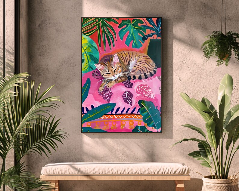 eclectic animal prints,cat art print,maximalist wall art,eclectic home decor,pink preppy room decor,pink bedroom decor,dopamine decor,cat wall art,cute sleeping cat print,pink cat poster,fun bedroom wall art,colorful wall art, tropical wall art