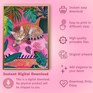 eclectic animal prints,cat art print,maximalist wall art,eclectic home decor,pink preppy room decor,pink bedroom decor,dopamine decor,cat wall art,cute sleeping cat print,pink cat poster,fun bedroom wall art,colorful wall art, tropical wall art