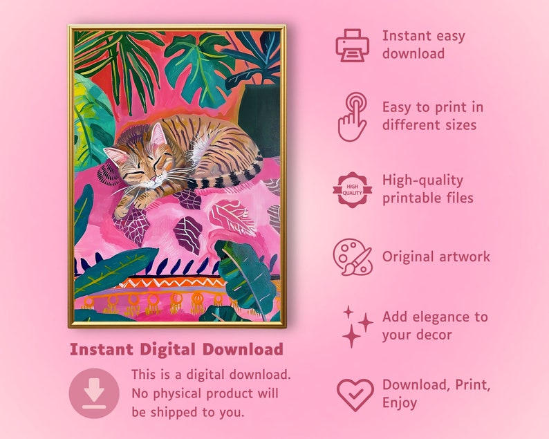 eclectic animal prints,cat art print,maximalist wall art,eclectic home decor,pink preppy room decor,pink bedroom decor,dopamine decor,cat wall art,cute sleeping cat print,pink cat poster,fun bedroom wall art,colorful wall art, tropical wall art