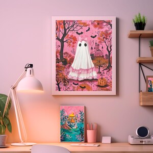 pink halloween decor,pink coquette prints,coquette halloween,pinkoween decor,halloween dorm decor,cute ghost painting,pink spooky decor,pink ghost wall art,coquette ghost art,coquette ghost bow print,pink preppy halloween art,preppy ghost print