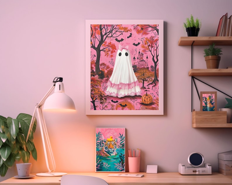 pink halloween decor,pink coquette prints,coquette halloween,pinkoween decor,halloween dorm decor,cute ghost painting,pink spooky decor,pink ghost wall art,coquette ghost art,coquette ghost bow print,pink preppy halloween art,preppy ghost print