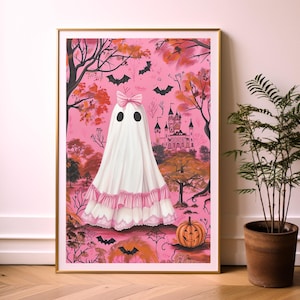 pink halloween decor,pink coquette prints,coquette halloween,pinkoween decor,halloween dorm decor,cute ghost painting,pink spooky decor,pink ghost wall art,coquette ghost art,coquette ghost bow print,pink preppy halloween art,preppy ghost print