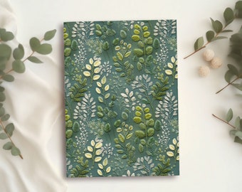 May include: A teal blue background with a repeating pattern of white and green embroidered leaves and stems.