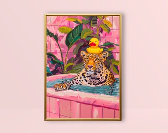 Leopard in Bathtub | Maximalist Wall Art, Rubber Duck Orange Pink Bathroom Print, Funny Animal Art Dopamine Decor Colourful Cheetah Painting