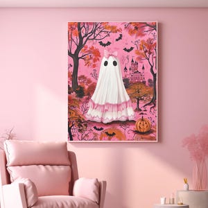 pink halloween decor,pink coquette prints,coquette halloween,pinkoween decor,halloween dorm decor,cute ghost painting,pink spooky decor,pink ghost wall art,coquette ghost art,coquette ghost bow print,pink preppy halloween art,preppy ghost print
